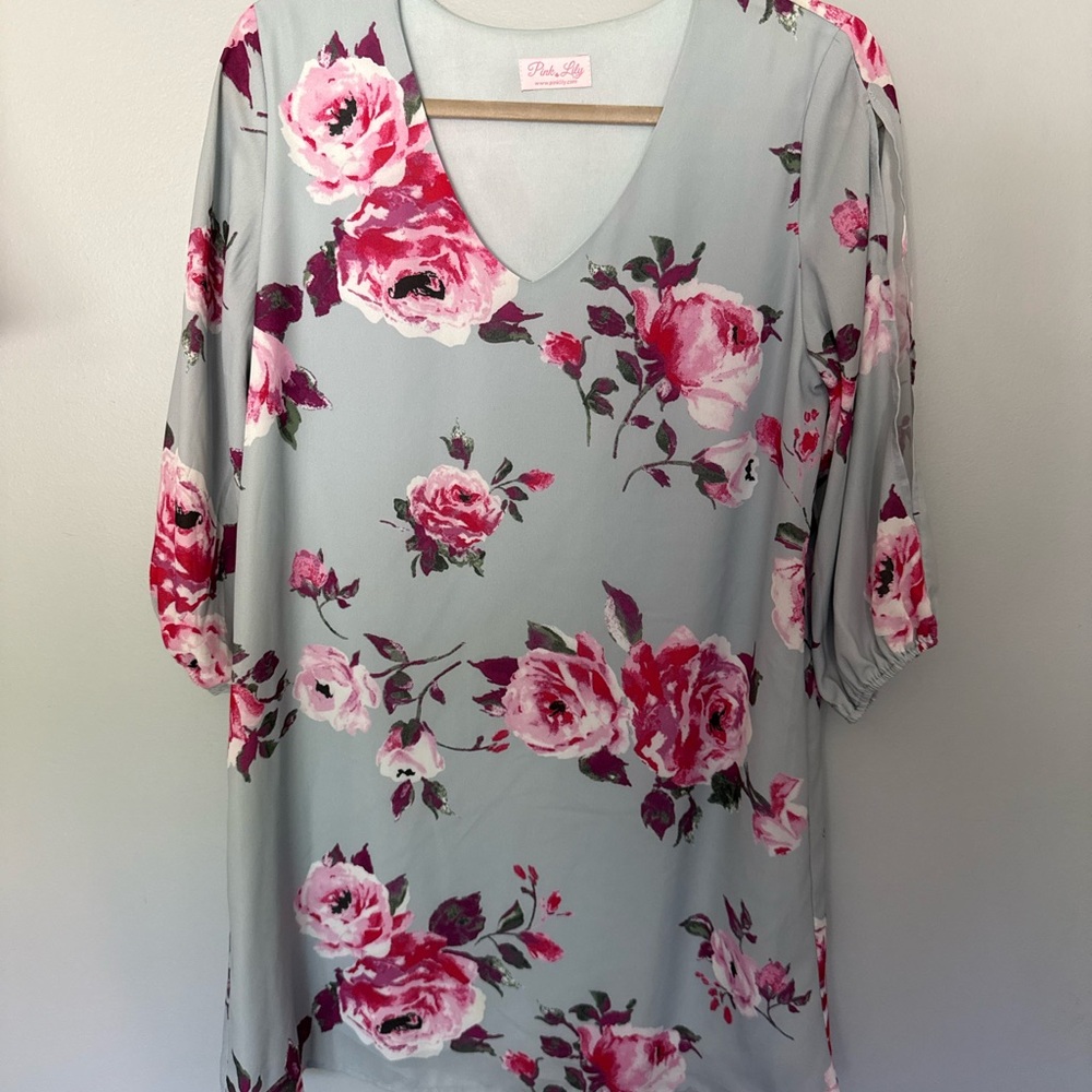Pink Lily Light Blue Dress with Pink Floral Print